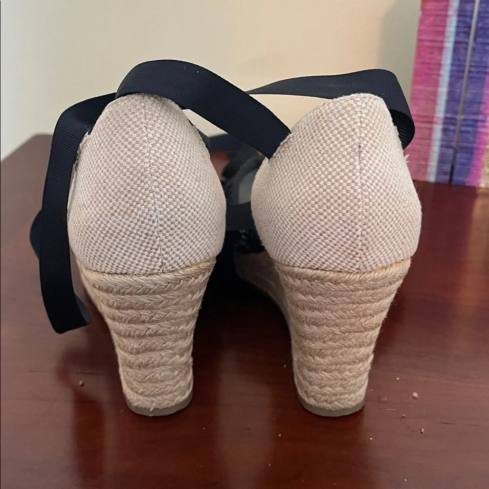 🏝️🚢‎ Size 6.5 Elegant Black Lace Wedge Espadrilles, 2.5